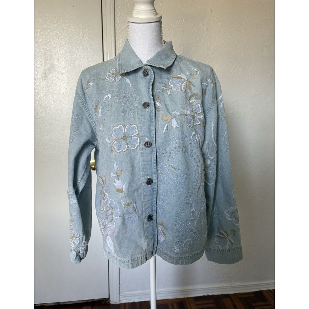 Chico's Design Women’s Embroidered Denim Jacket With Floral Design Size 2 (L)